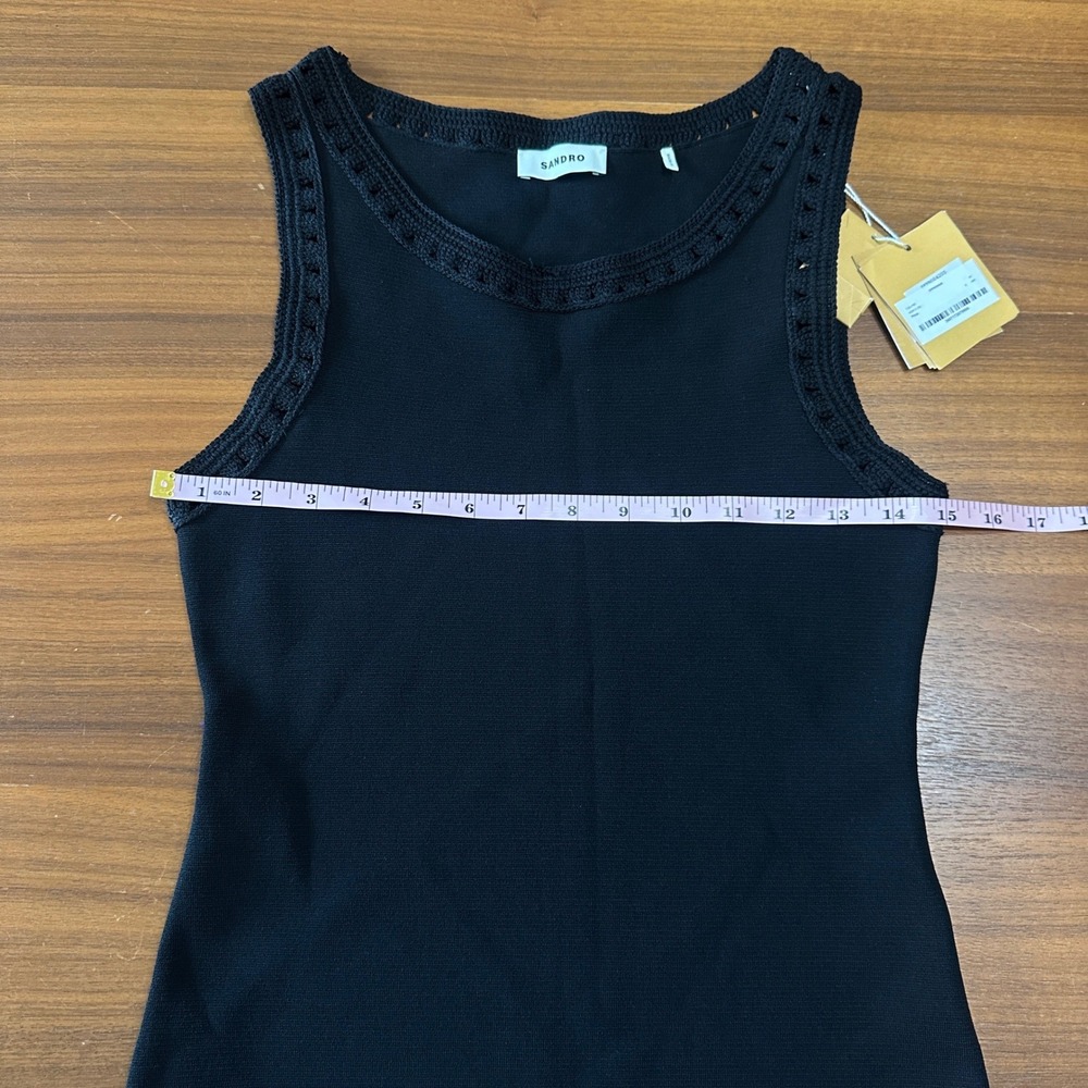 Sandro Crochet Fringe Black Resort Concert Midi Knit Dress, Cocktail LBD Large/8 - Picture 7 of 16